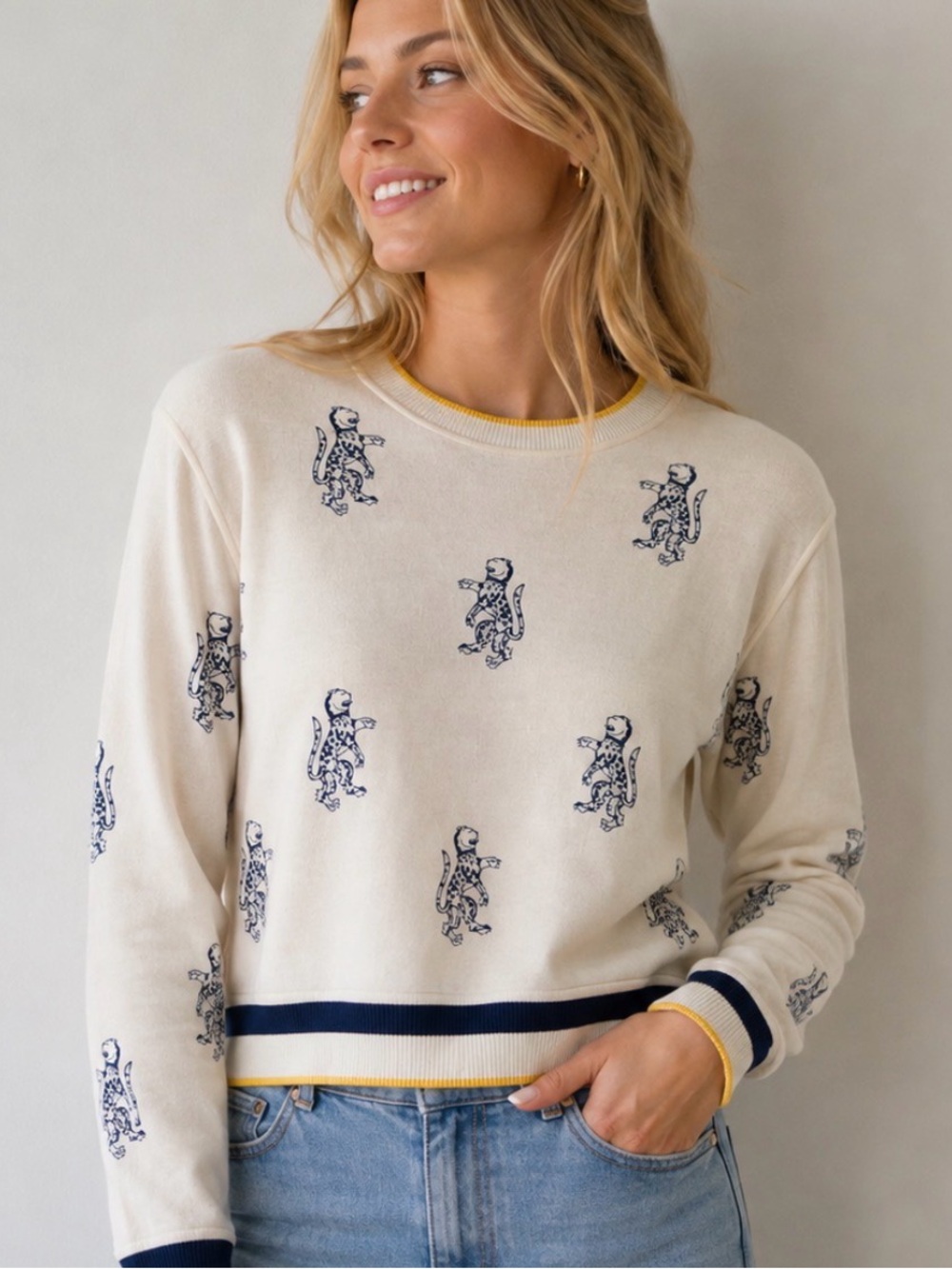 Maje Sweatshirt with Lion/Leopard Print — Cream & Navy - Picture 2 of 7
